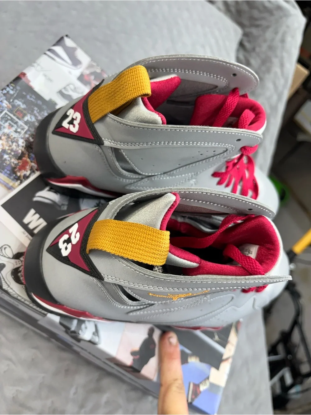 Jordan Men's Silver Sneakers with Red and Gold Accents